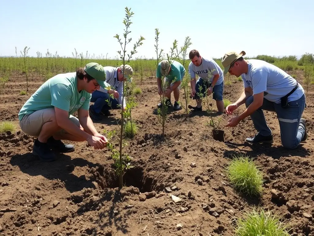 An image showing ACCA CROS DE MONTVERT volunteers planting native trees in a deforested area, illustrating their dedication to ecological restoration and biodiversity enhancement.