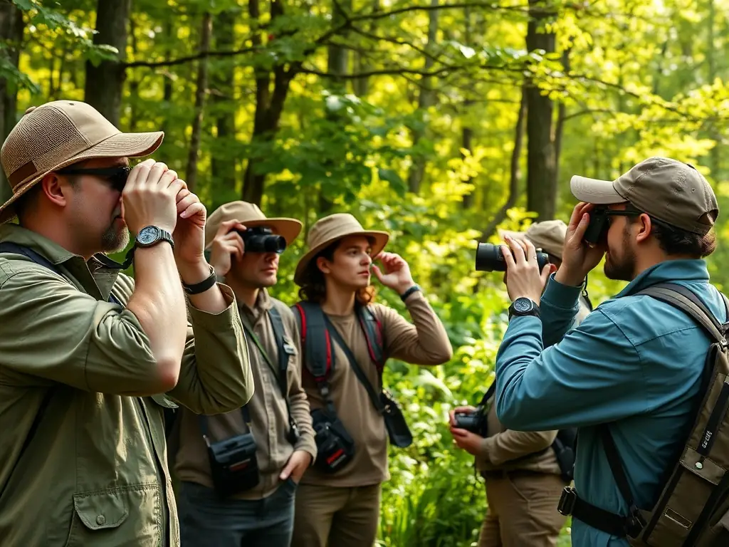 A photograph depicting ACCA CROS DE MONTVERT members participating in a wildlife monitoring activity in the Montvert region. The image should convey a sense of dedication to conservation and respect for nature.