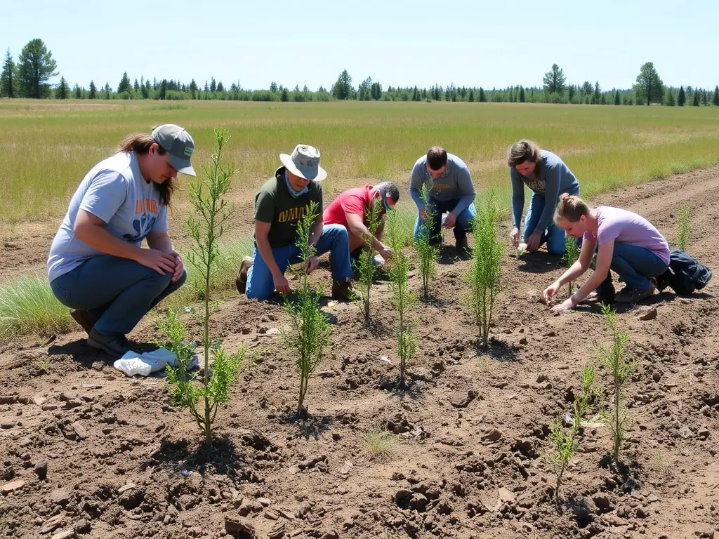 A photograph of ACCA CROS DE MONTVERT members working on a habitat restoration project, such as planting native trees or clearing invasive species. The image should highlight the positive impact of their efforts on the environment.