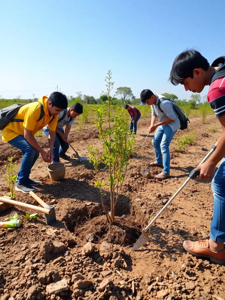 A photograph depicting volunteers planting trees in a deforested area, symbolizing habitat restoration efforts by ACCA CROS DE MONTVERT.