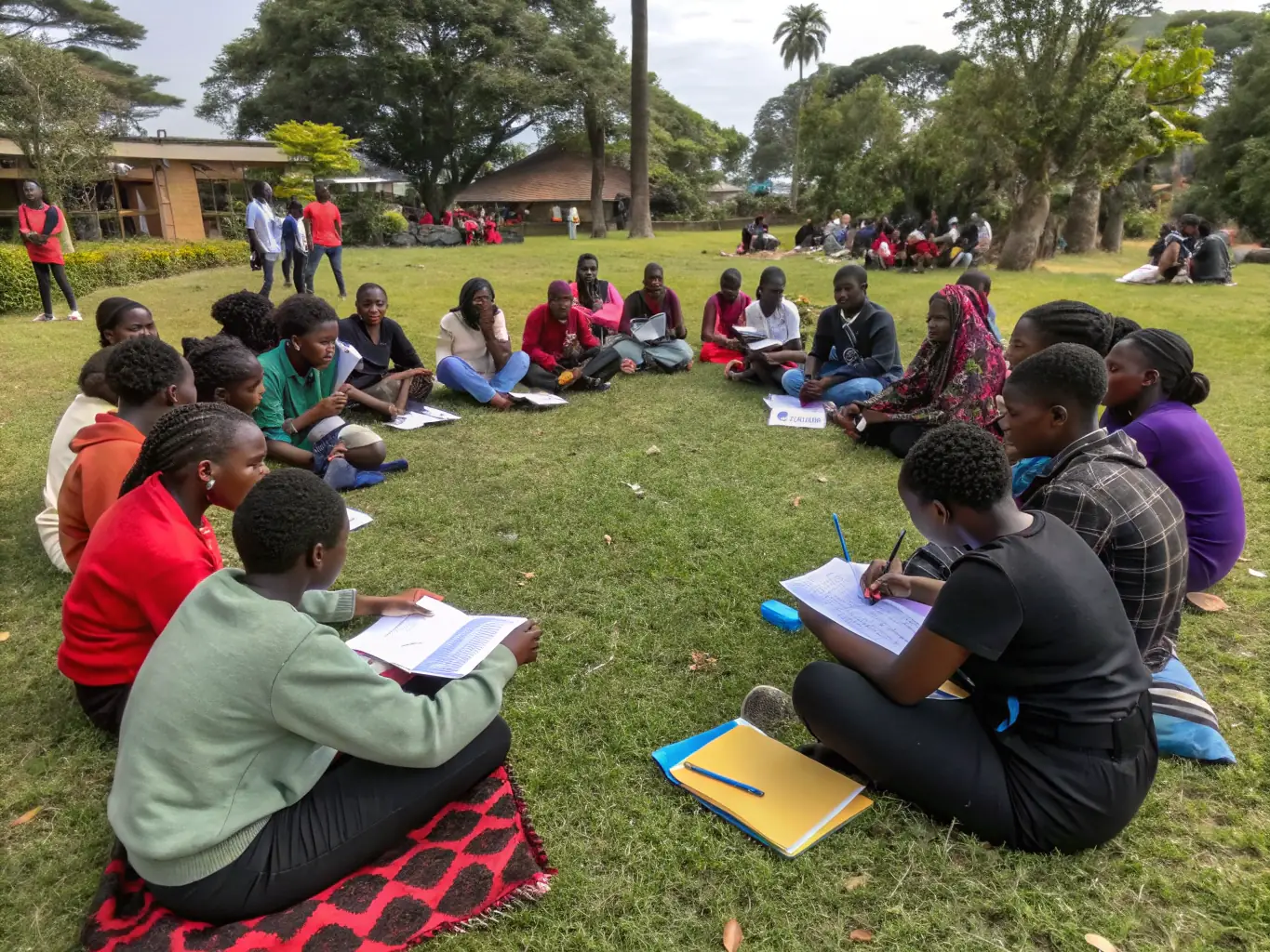 A photograph of ACCA CROS DE MONTVERT members leading an educational workshop on responsible hunting practices for local youth. The image should convey a sense of mentorship and community engagement.