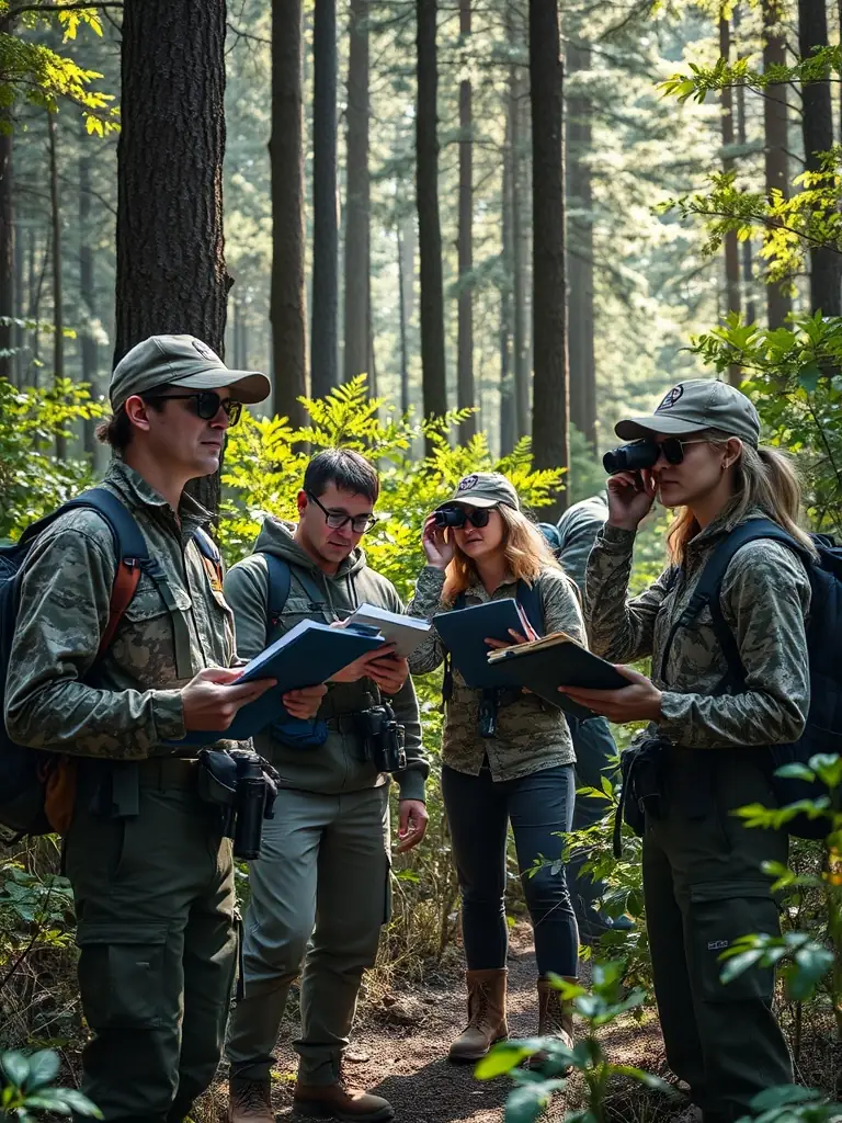 A photograph showing members of ACCA CROS DE MONTVERT conducting a wildlife survey in a local forest, emphasizing the importance of data collection for conservation.