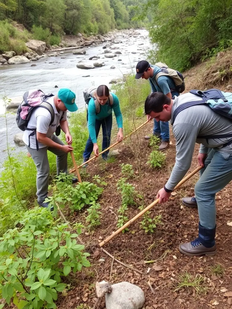 An image showing ACCA CROS DE MONTVERT members conducting a habitat restoration project, planting native trees and shrubs to enhance biodiversity.