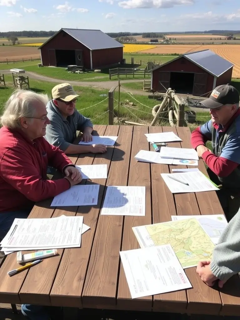 A photograph showcasing ACCA CROS DE MONTVERT members collaborating with local farmers to implement sustainable land management practices that benefit both agriculture and wildlife.
