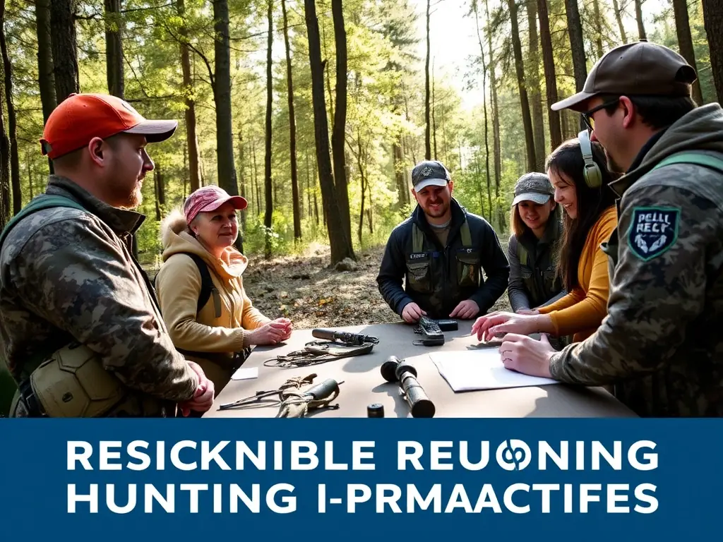A photograph showing ACCA CROS DE MONTVERT members conducting an educational workshop on ethical hunting practices for local youth. The setting should be outdoors, emphasizing the connection to nature.