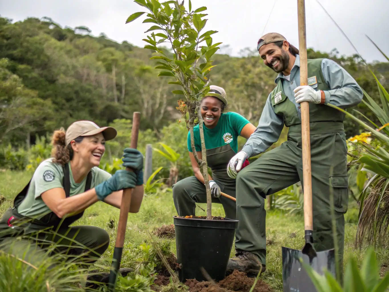 A photograph showing ACCA CROS DE MONTVERT members conducting a habitat restoration project, planting native trees and shrubs. The image should highlight the positive impact of their efforts on the environment.